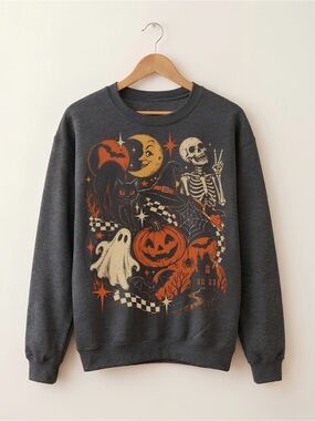 Skeleton Peace Black Cat Pumpkin Spooky Season Edgy Statement Womens Sweatshirt